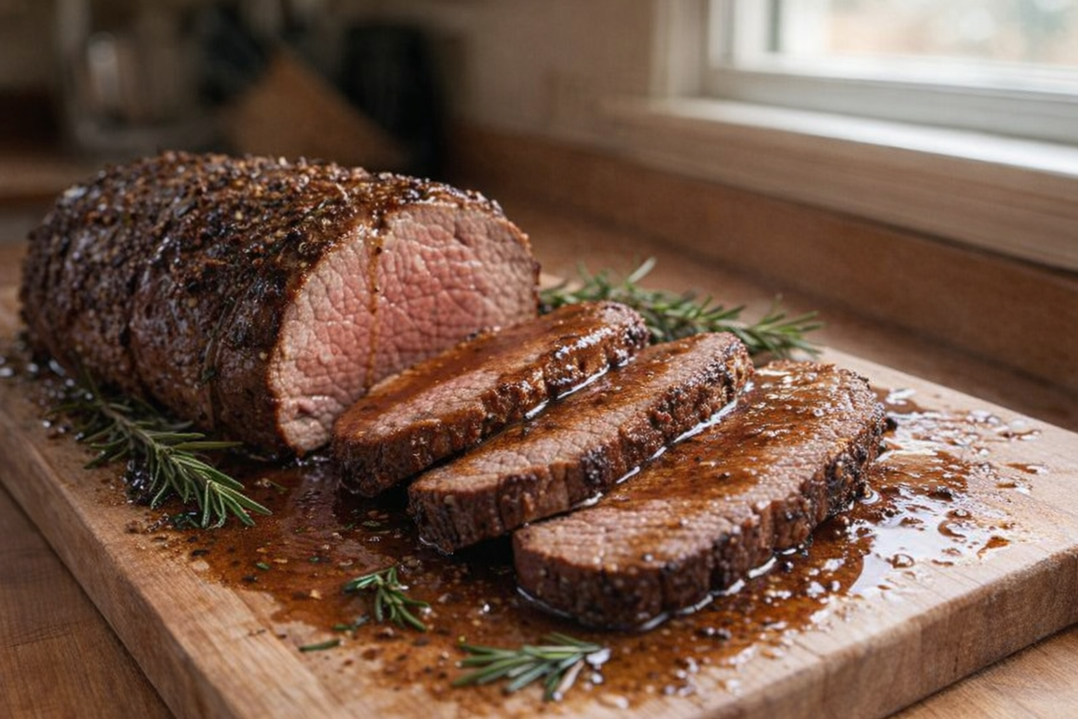 A perfectly roasted beef tenderloin on a wooden cutting board, sliced into thick medallions, glistening with pan sauce, rosemary sprigs scattered around, soft window light